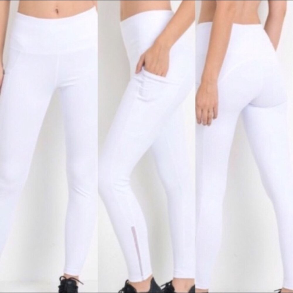 🤍 MONO-B 🤍  White High-Waisted Side Mesh & Slit Leggings